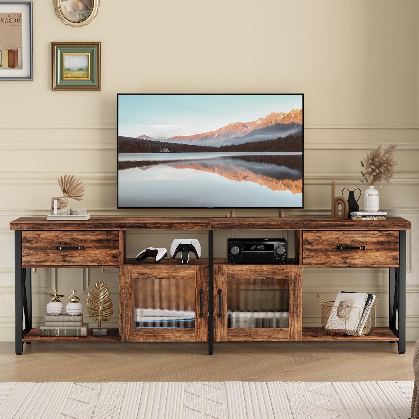 TV Stand Cabinet, 180cm Wooden TV Unit with Soundbar Shelf & Storage Drawers, Steel Frame, Industrial TV Console Table