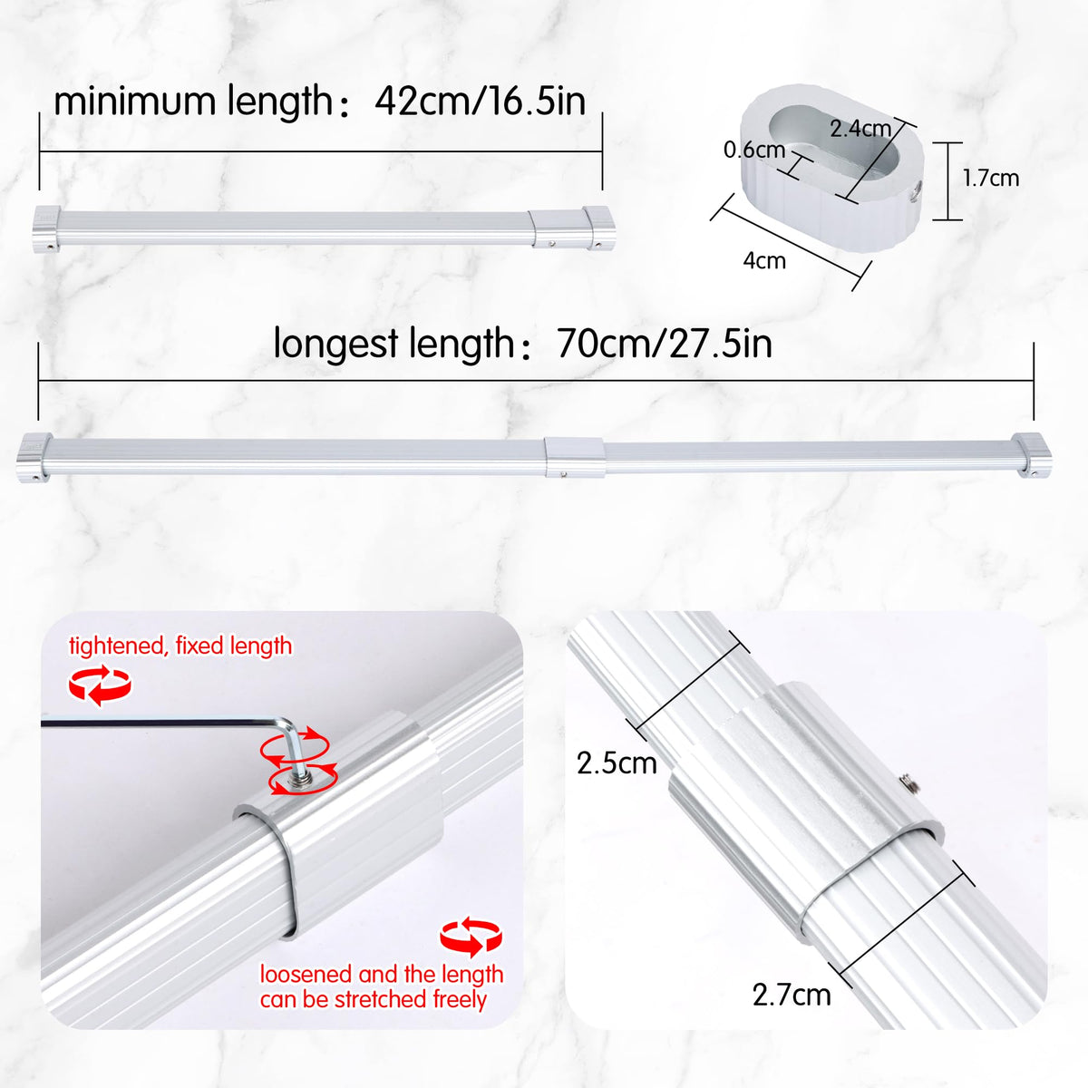 2 Pack Wardrobe Rail Extendable, Wardrobe Rail 42-70cm, Hanging Rails for Clothes, Wardrobe, Shower, Kitchen, Windows with End Sockets, Screws