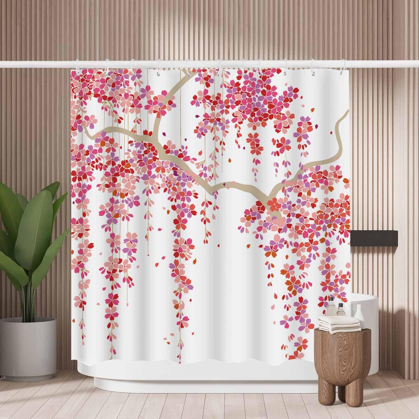 Woutay Shower Curtain Water Repellant Fabric Red Flower Tree,Mould Proof Resistant,Polyester,with 12 Plastic Hooks