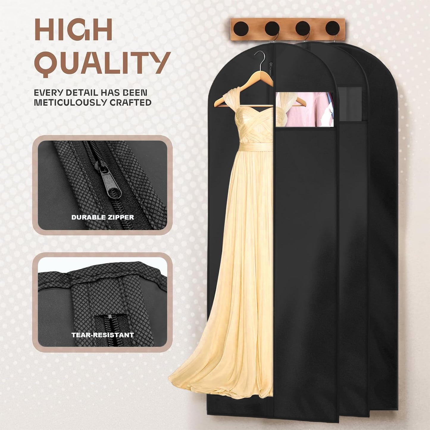 AMFUN 3 PCS Dress Bag,Full Length Travel Suit Bag with Zipper, Dust-proof Clothes Covers Protector Bags,Gown Garment Bag for Long Dresses, 180×60 cm