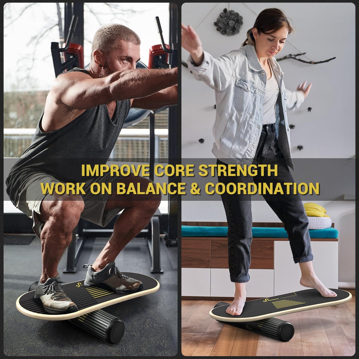 Sportneer Balance Board, 7 Modes Wobble Board, Indoor Board, Skateboard, Surf Balance Board with Adjustable Stoppers - Balance Board Wooden - Scooter