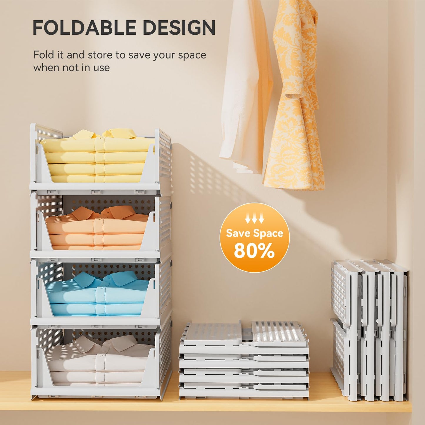 BTGGG 8 Pack Wardrobe Storage Organiser, Stackable Storage Drawers for Wardrobe, Plastic Clothing Closet Organiser, Folding Storage Boxes Baskets