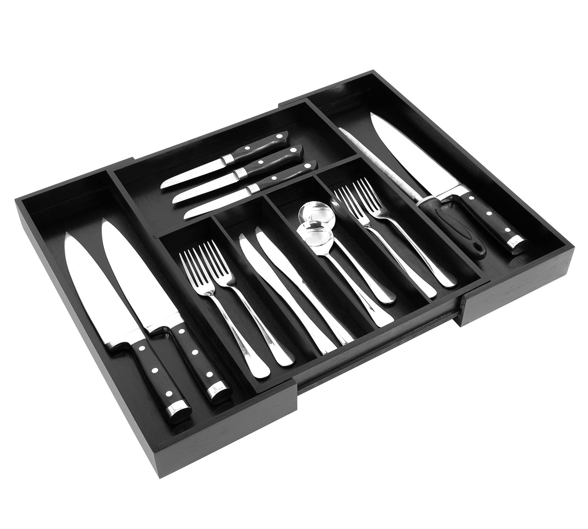 VaeFae Bamboo Drawer Organizer, Expandable Silverware Drawer Dividers and Cutlery Tray for Kitchen Utensils and Flatware (Black)
