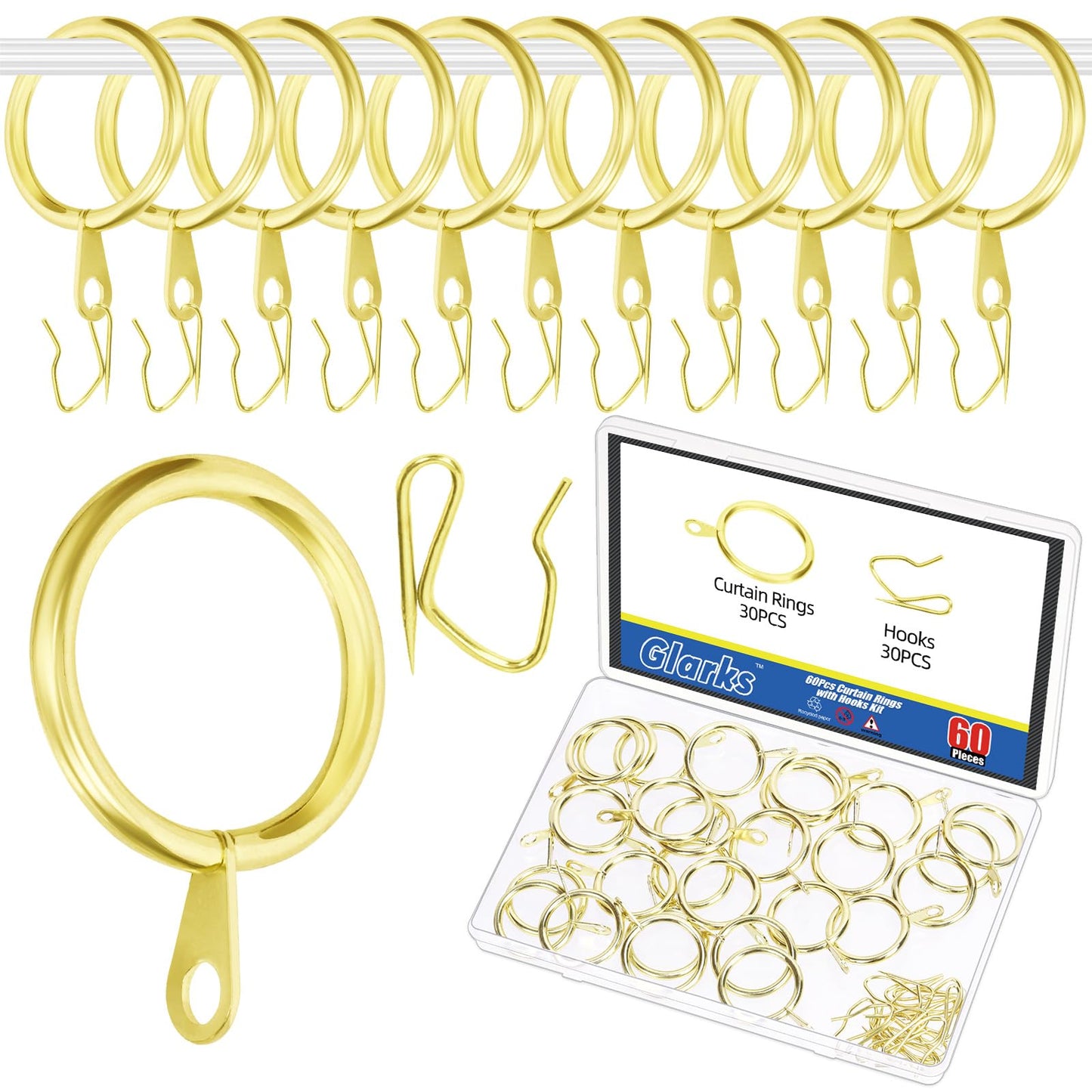 Glarks 30 Sets 25mm/1inch Golden Metal Drapery Curtain Hanging Rings Set, includes 30pcs Curtain Rings and 30pcs Drapery Pin Hooks
