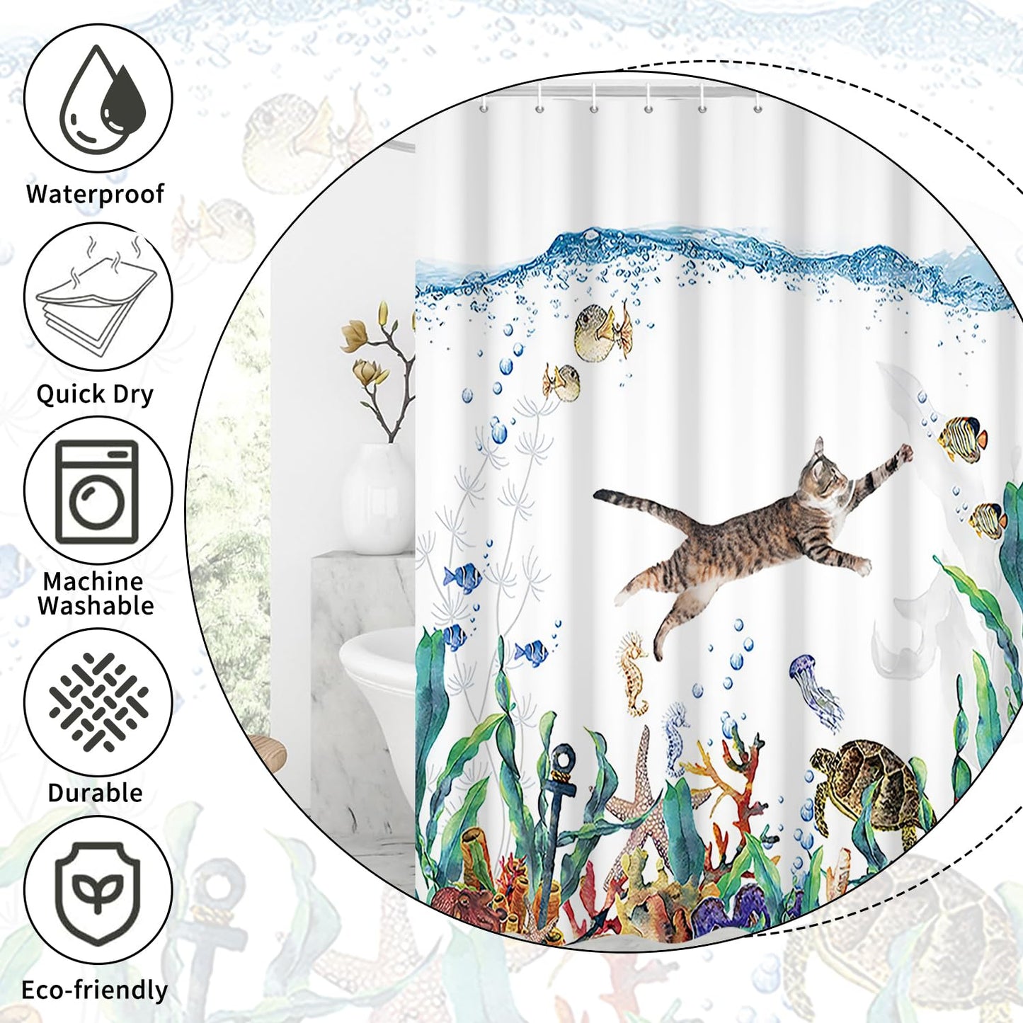 GCIREC Shower Curtain, 180x180cm, Abstract Cute Cat Funny Kitten Swimming in Ocean Tropical Sea Turtle Starfish Waterproof Fabric Machine Washable