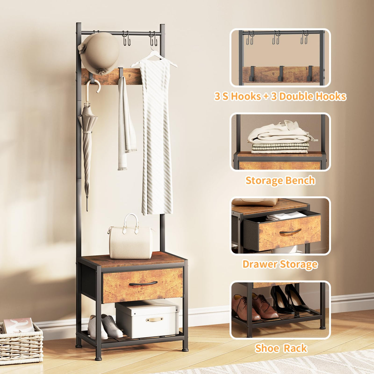 Narrow Coat Rack rustic Hall Tree 17.7"x12"x60.7" Rustic Brown