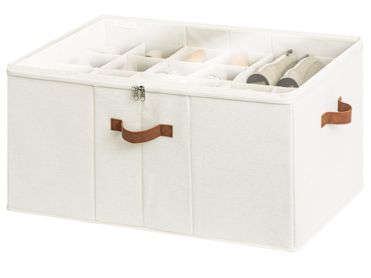 StorageWorks Shoe Organizer for Closet, Extra Large Fabric Shoe Storage Bins with Clear Cover, Adjustable Dividers for Shoe Storage, Beige, 1-Pack,