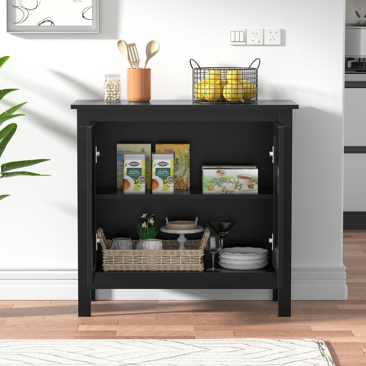Yvsevnr Rattan Buffet Cabinet Black Sideboard Kitchen Cupboard Storage Cabinet with Adjustable Shelf, Solid Wood Legs