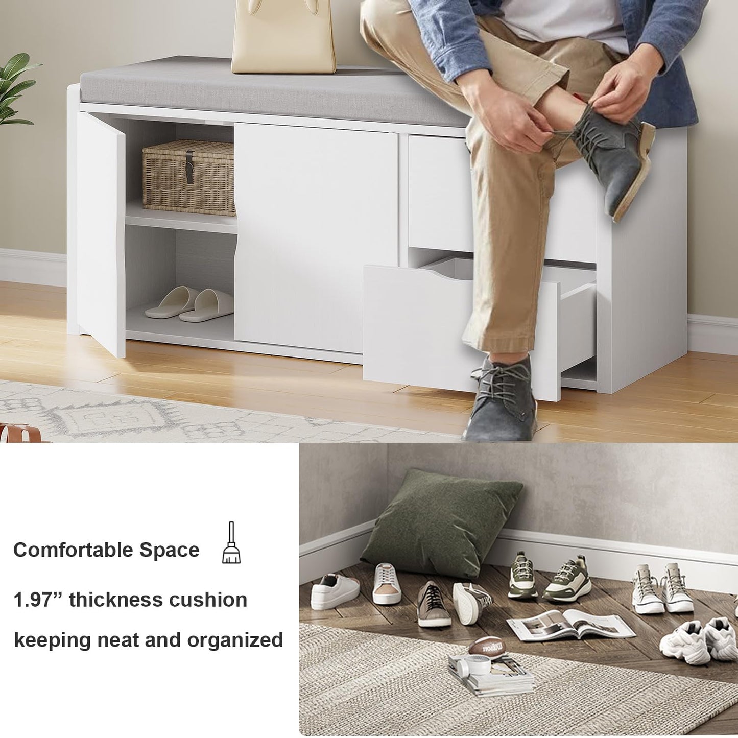 LVB Hallway Storage Bench, Long Shoe Bench with Drawers and Storage Shelf, Modern Entryway Benchs with Padded Cushion Seat