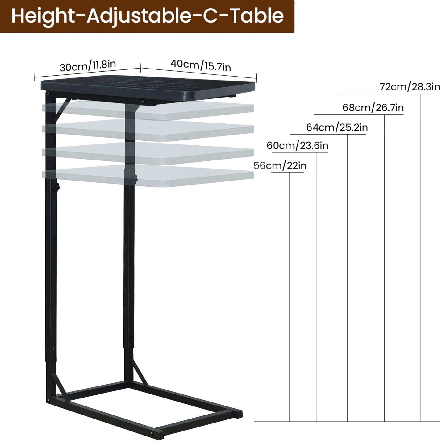 OFIDELITY Side Table, Height Adjustable C Table, End Table for Sofa, Couch & Bedside, Small Coffee Table with Metal Frame for Living Room & Bedroom