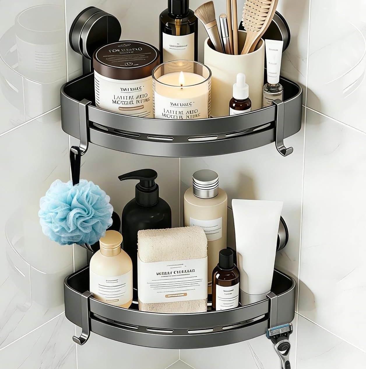 ONXE Shower Caddy Suction Cup,2Pcs Suction Cup Corner Shelf Coner No Drilling Bathroom Shelves Storage Organiser Rack Adhesive with 4 Hooks Wall