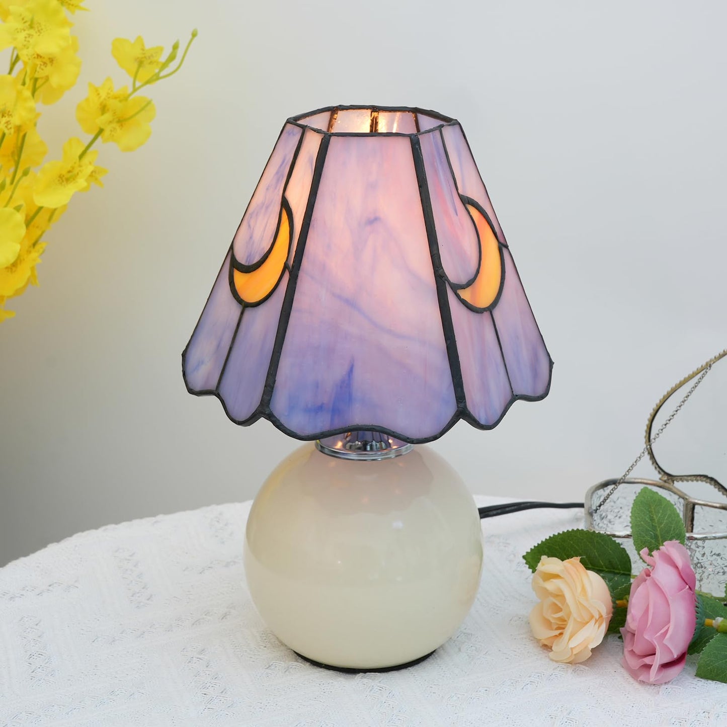 KIPHEPI Mushroom Lamp Small Bedside Table Lamp-Nightstand Pink Blue Glass Moon Nightlight for Bedroom Dorm Living Kitchen, Tiffany Style Aesthetic