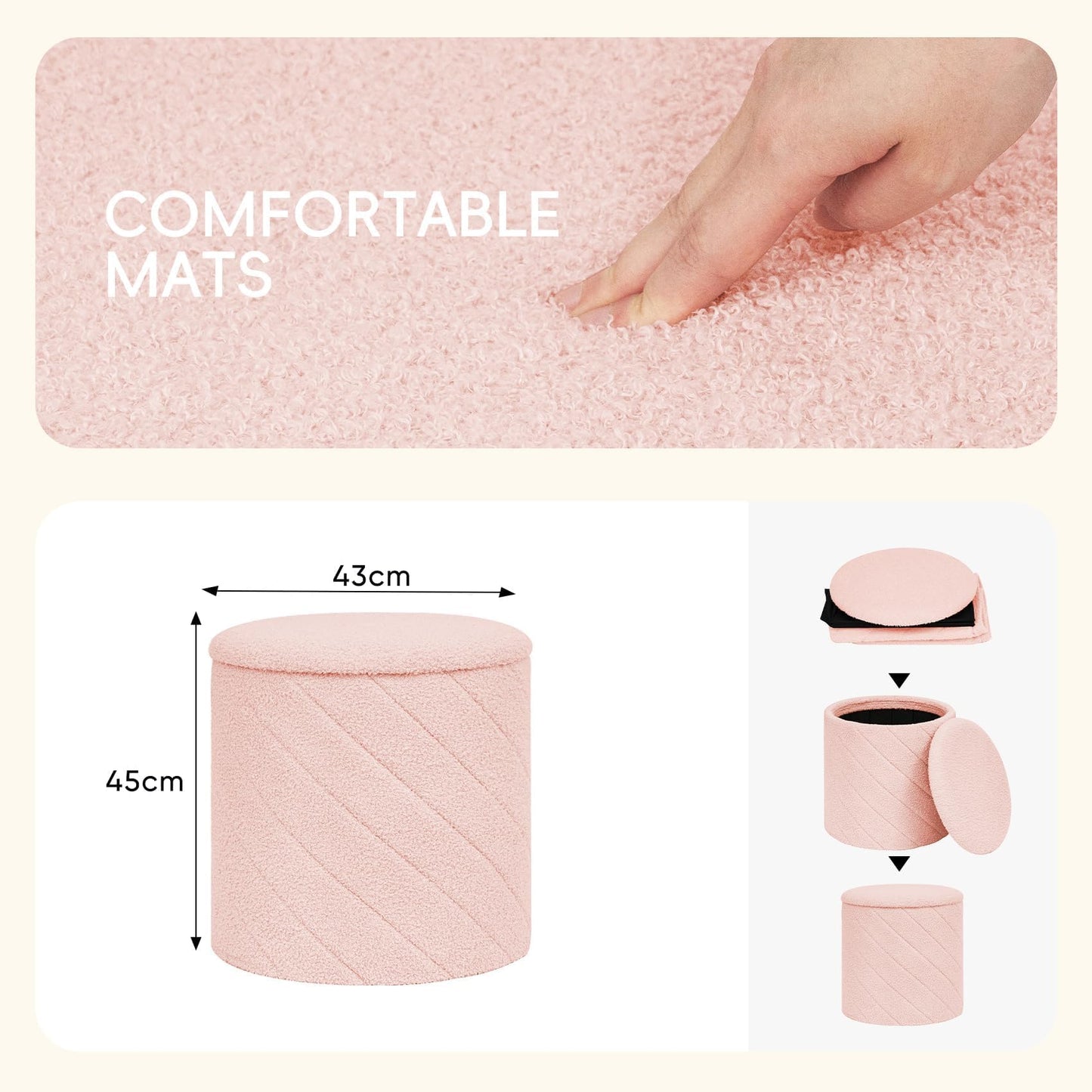 PINPLUS Round Ottoman Storage Box, Folding Stool, Pink, 43x43x45 cm