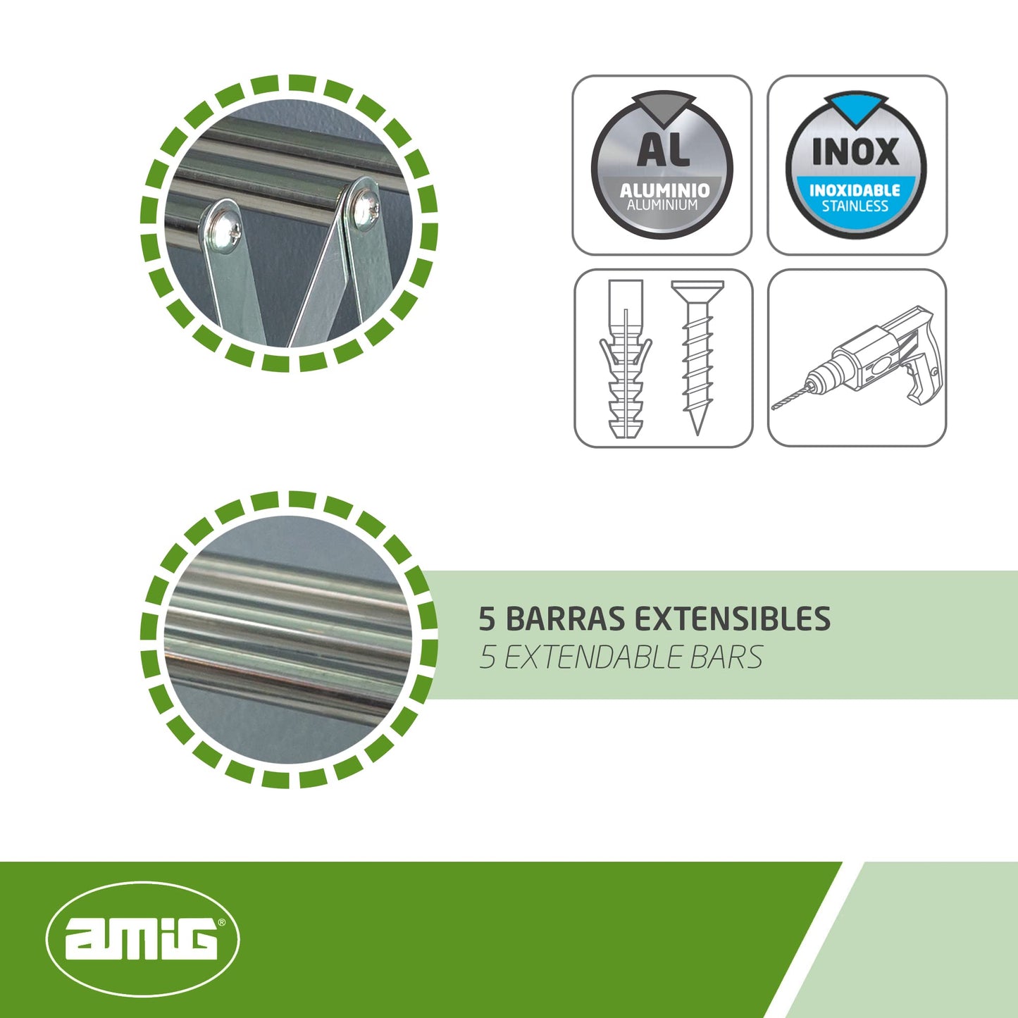Amig - Wall Mounted Clothes Airer | Aluminium Drying Length | Extendable Clothes Line with 5 Bars | Dimensions: 120 x 14 x 3 cm | Foldable Clothes
