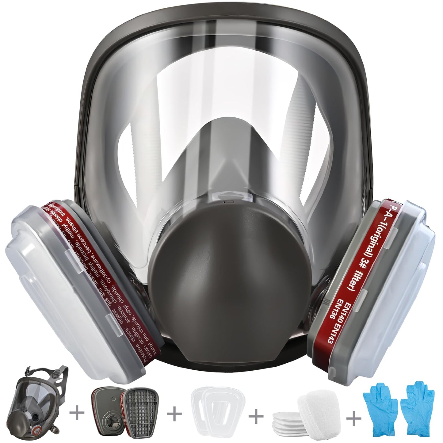 Faburo Safety Full Face Cover Dust Gas Face Cover with 10 Replaceable Filter Cotton and 5 Pairs of Gloves for Paint, Formaldehyde, Sanding, Polishing,
