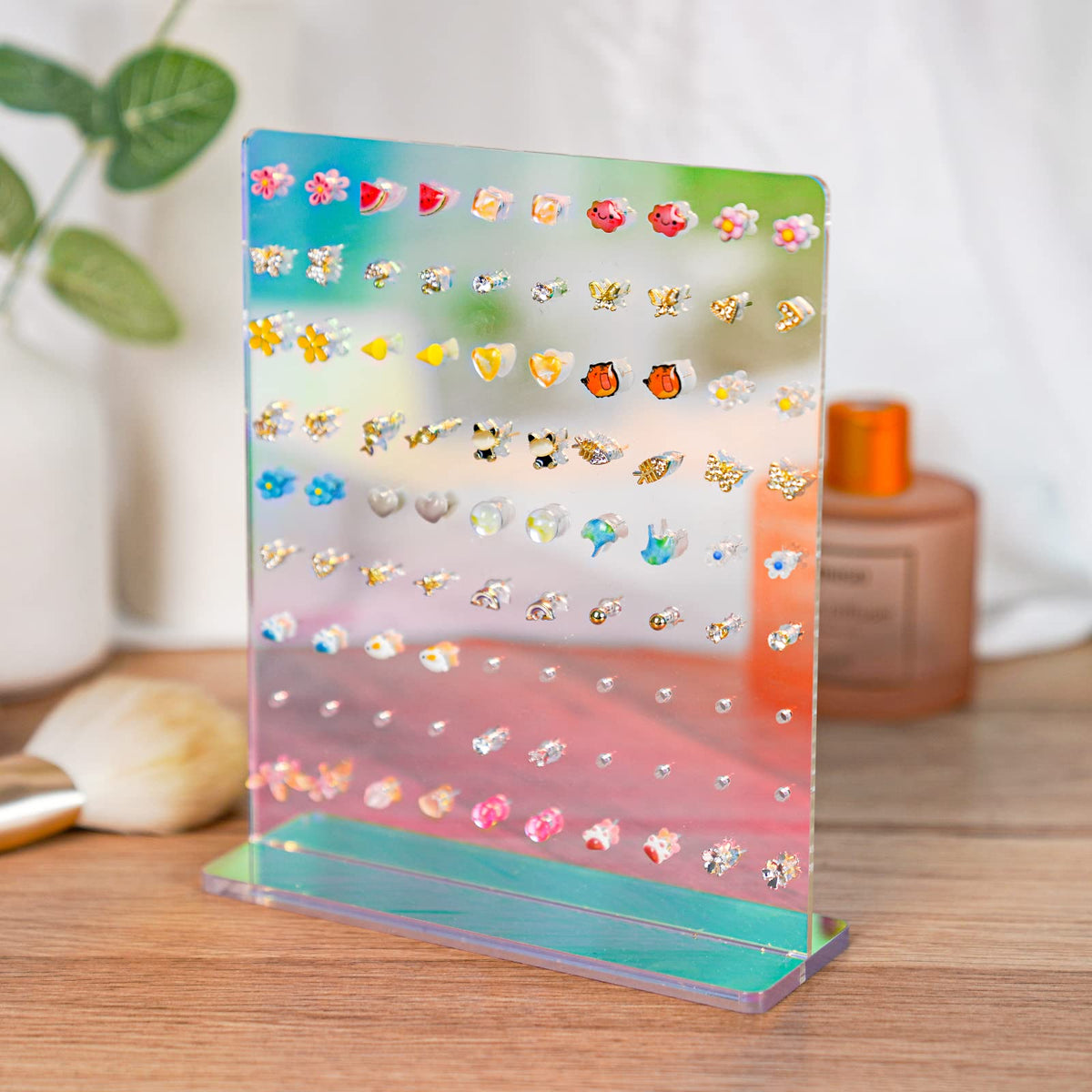 NiHome Iridescent Earrings Holder Display 90 Holes Rainbow Iridescent Ear Studs Jewelry Show Rack Set of 3 Stand Organizer Holder Acrylic Earring