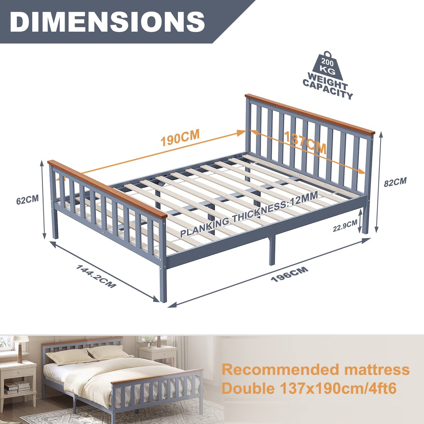 ELEGANT Double Solid Wood Bed Frame with Slatted Headboard 4ft6, 137x190cm