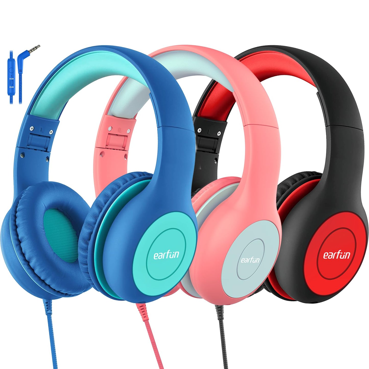 EarFun Kids Headphones 3 Packs, Wired Headphones for kids 85/94dB Volume Limit, Sharing Function, Stereo Sound Adjustable Headband Children Headphones