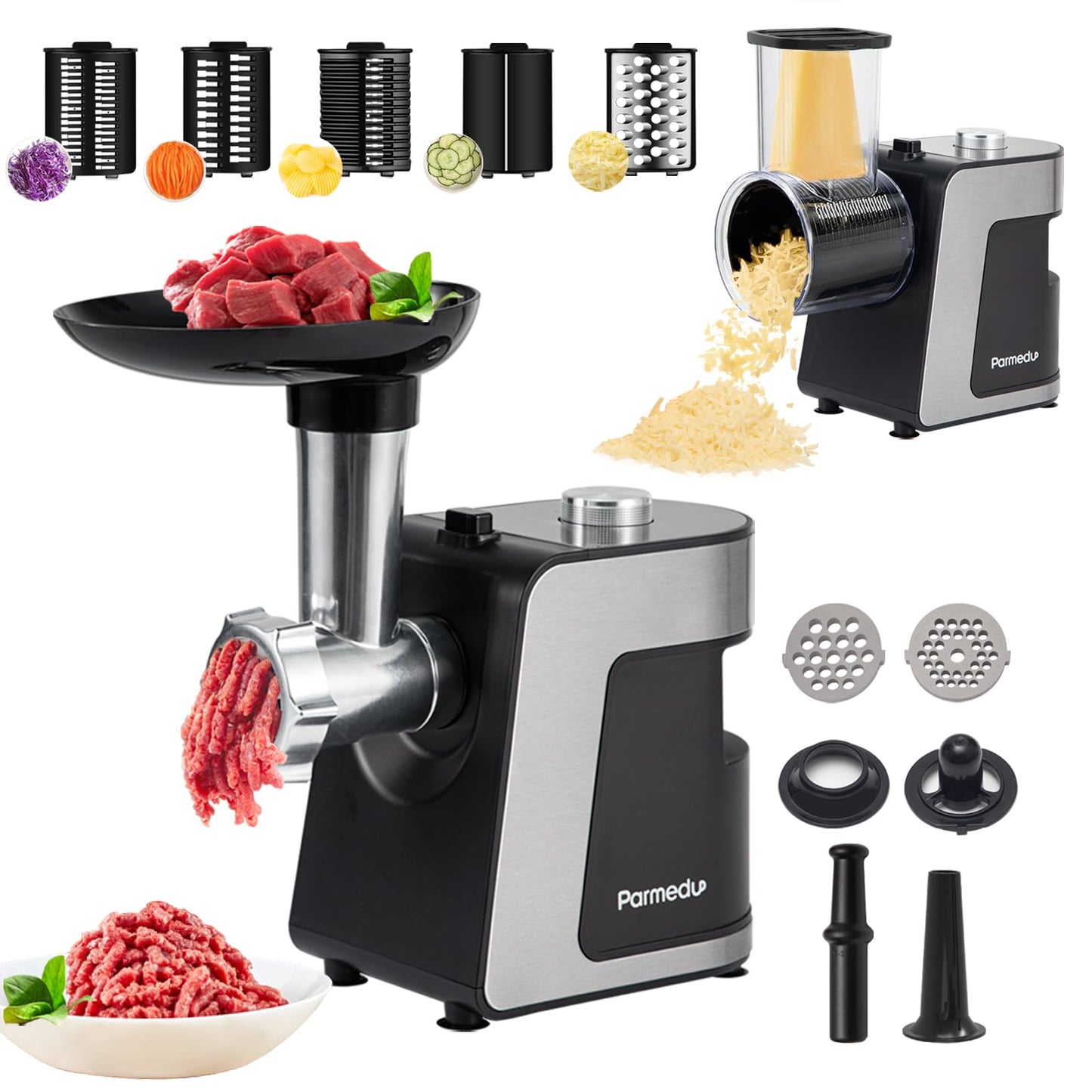 Parmedu Electric Cheese Grater & Meat Grinder: Electric Vegetable Cutter Electric Slicer Shredder Salad Maker - Professional Meat Mincer with 2