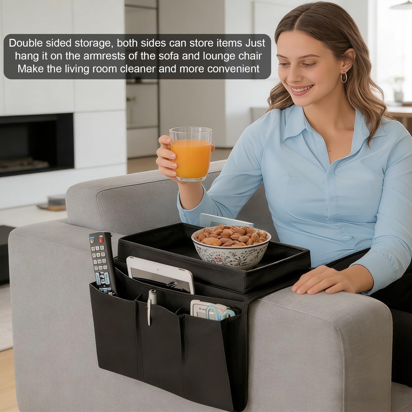 LCFVOFU Sofa Armrest Organizer with Tray, Armchair Tray with 4 Bags, Sofa Arm Table for TV Remote Drinks Magazine Book Phone Snacks Glasses