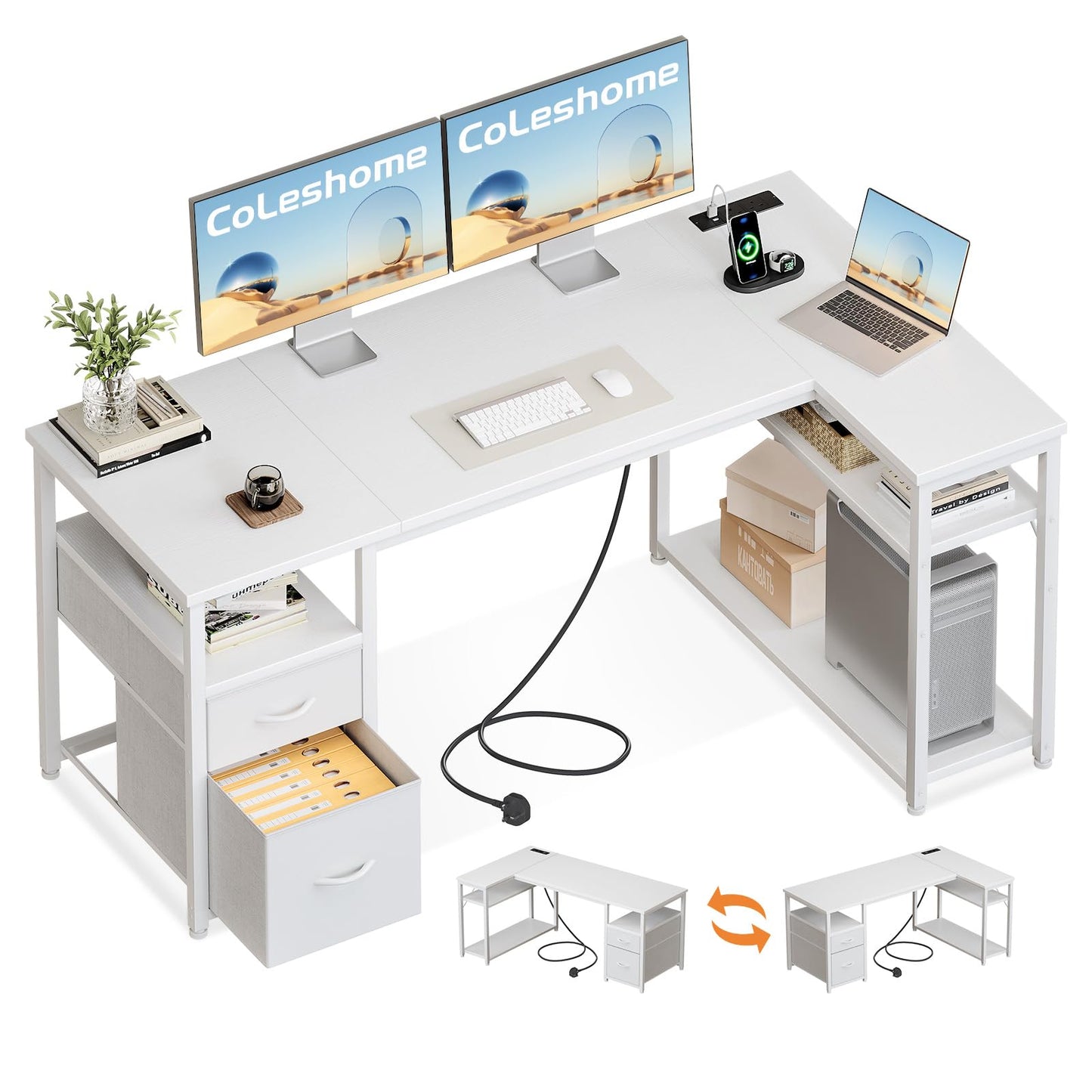 Coleshome Corner Computer Desk with Drawers and Shelves, 140×80 cm, White