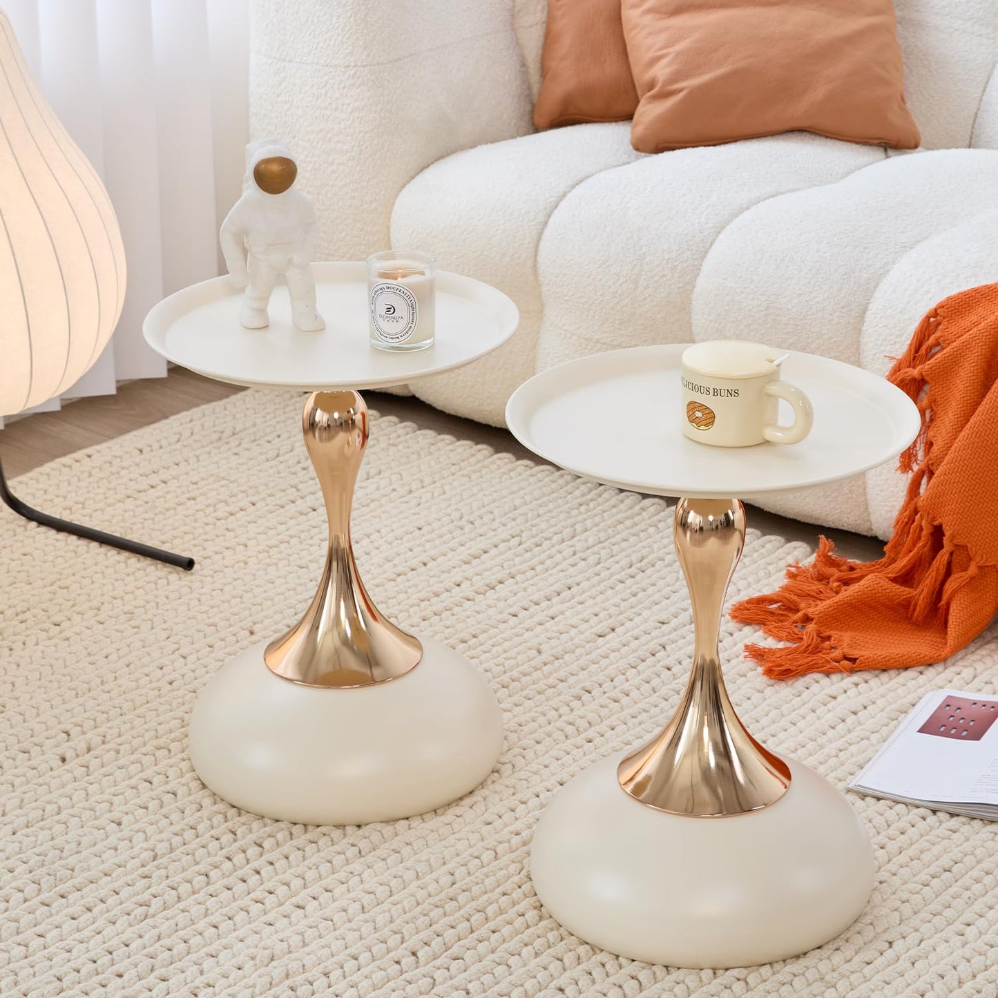 2-Pack Modern Round Side Table - White Tabletop & Gold Pedestal Base, Stylish Accent End Table for Living Room, Bedroom & Office (White Set)