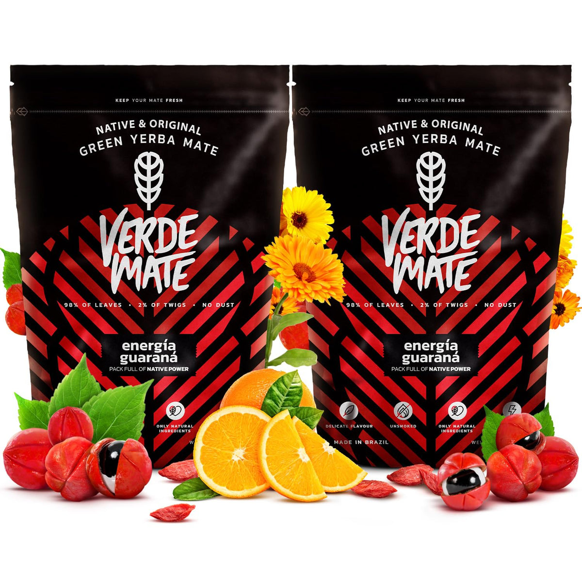 Verde Mate Green Energia Guarana 1000g (2x 500g), Yerba Mate Tea from Brazil, Fruity Mate Tea with Guarana, Natural Caffeine Source, Unsmoked, Gluten