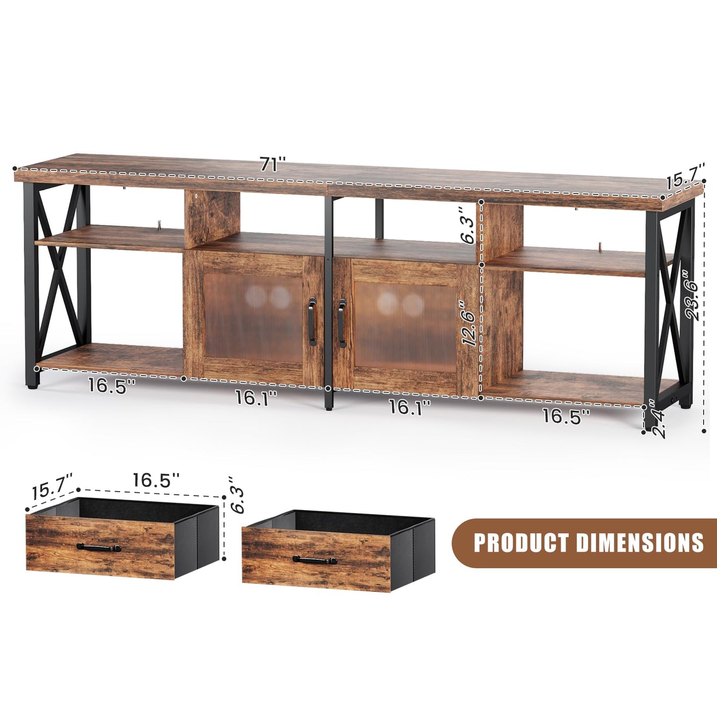 TV Stand Cabinet, 180cm Wooden TV Unit with Soundbar Shelf & Storage Drawers, Steel Frame, Industrial TV Console Table