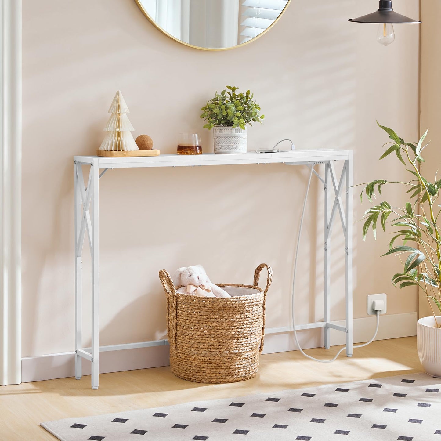 MAHANCRIS Console Table with Charging Station, 100 CM Narrow Sofa Table, Long Entryway Table, Hallway Table with USB Ports