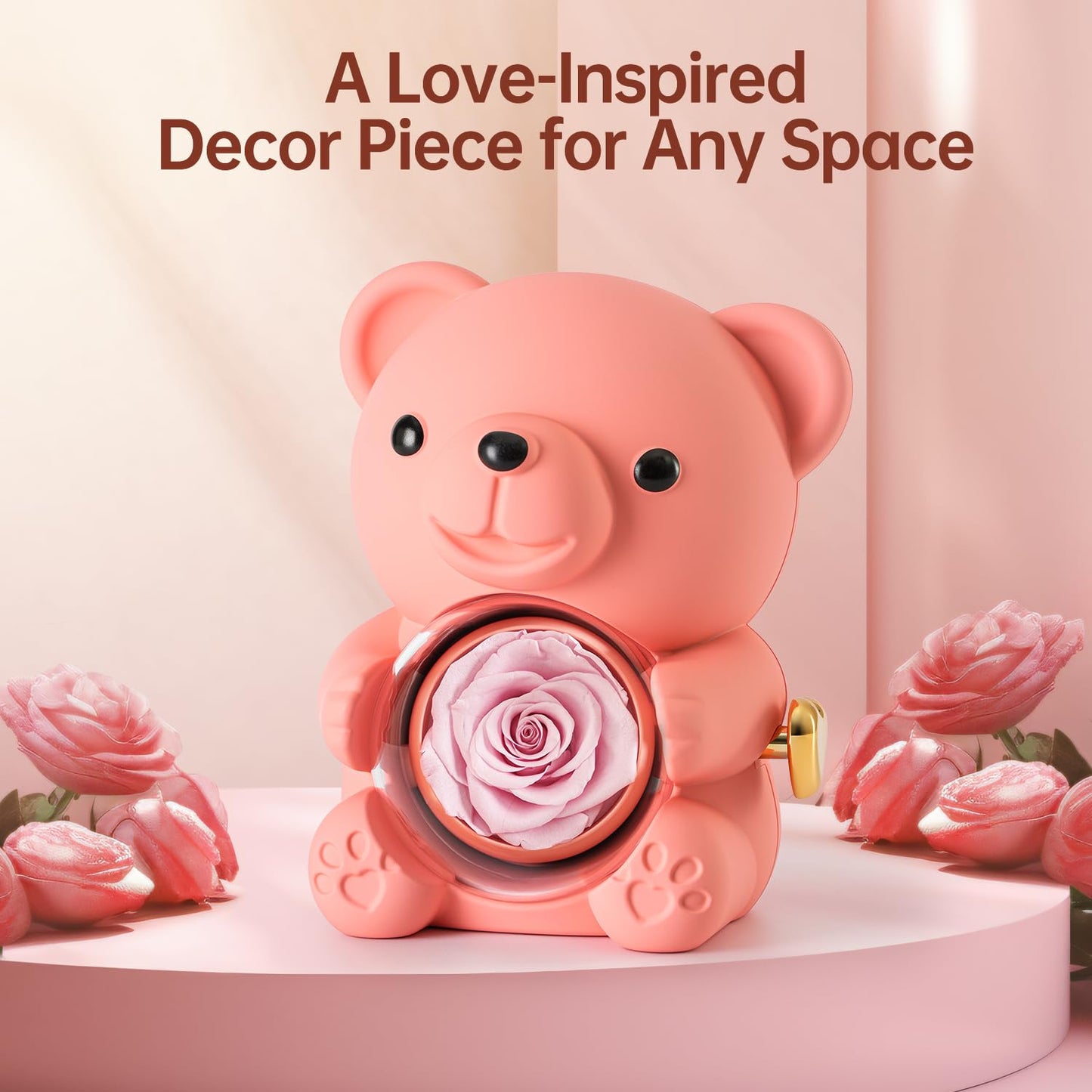 Ariceleo Pink Teddy Bear with Preserved Rose, Real Rose Flower in Bear, Elegant Gift Box, Heart-Shaped Necklace, Unique Gift for Valentine's Day,
