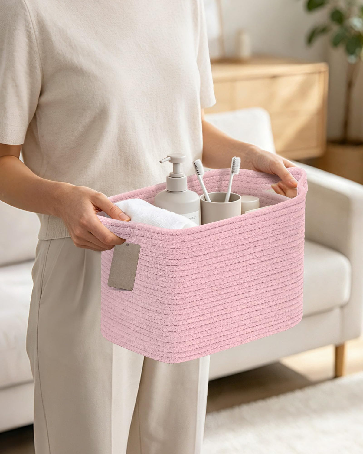 JOJOSEE Small Cotton Rope Woven Storage Basket for Shelves, Pink