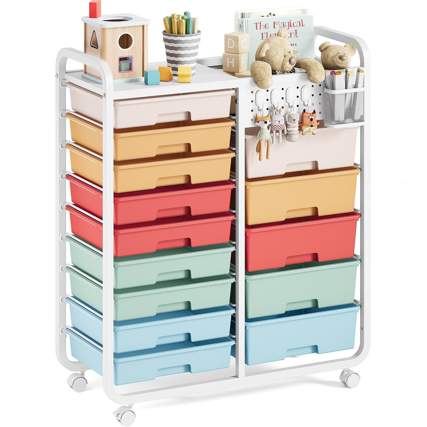 Rolling Storage Cart with 14 Drawers, Storage Organizer Cart with Tabletop and Pegboard,Utility Cart for Living Room, Classroom