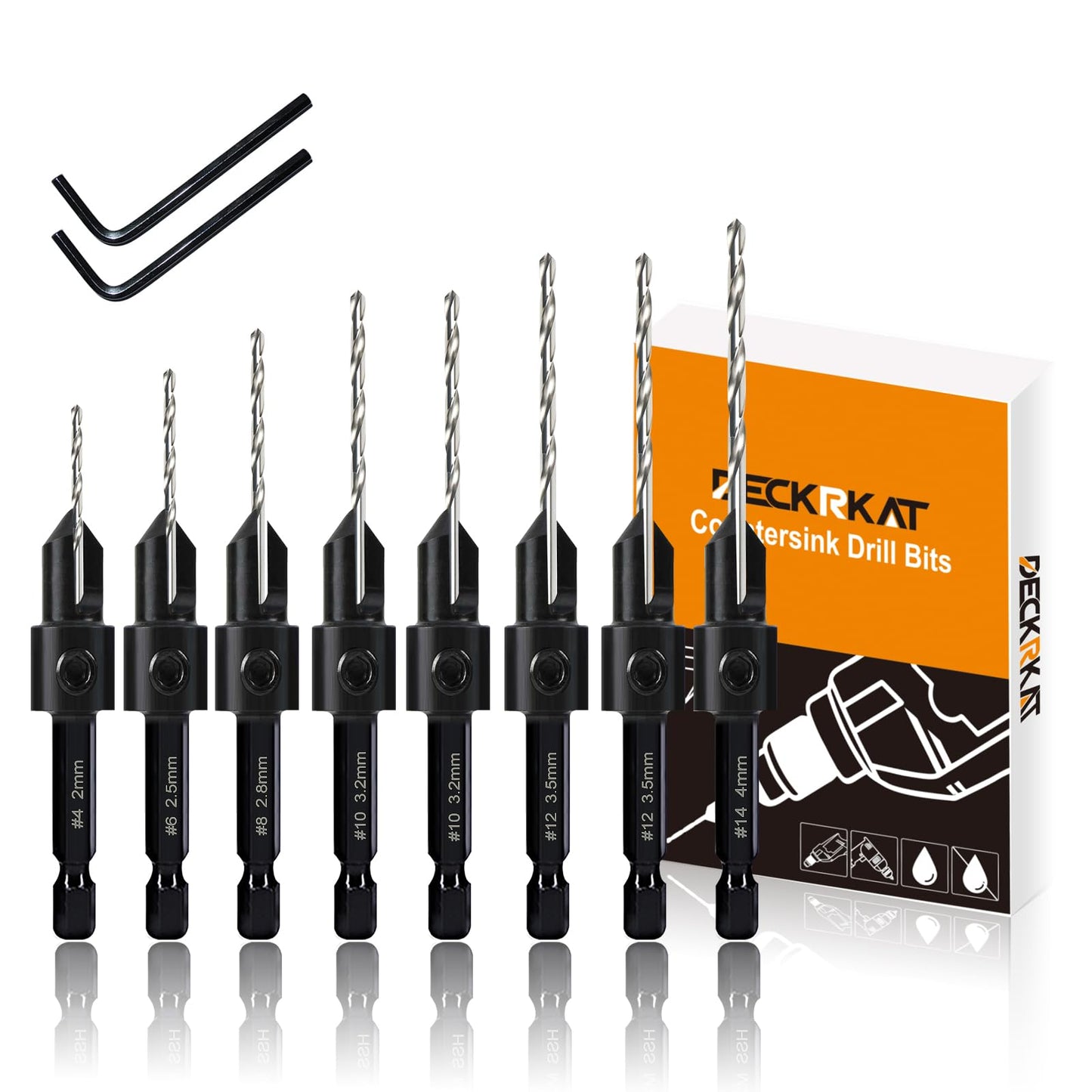 8 Pack Woodworking Countersink Drill Bits Set 3in1, Heavy Duty 6542 Pilot Drill Bits Depth Adjustable, 82-Degree Chamfer, 6mm Hex Shank, for