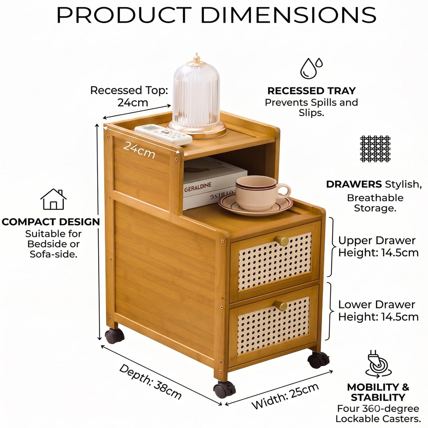 VAVVIP Bamboo Bedside Table Slim with Drawer, Set of 2 Small Narrow Side End Tables for Bedroom