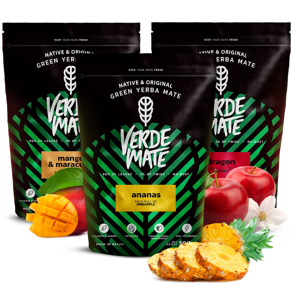 Verde Mate Green Fruity Yerba Mate Tea Set 3x500g - Mango & Maracuya, Ananas, Dragon, Brazilian