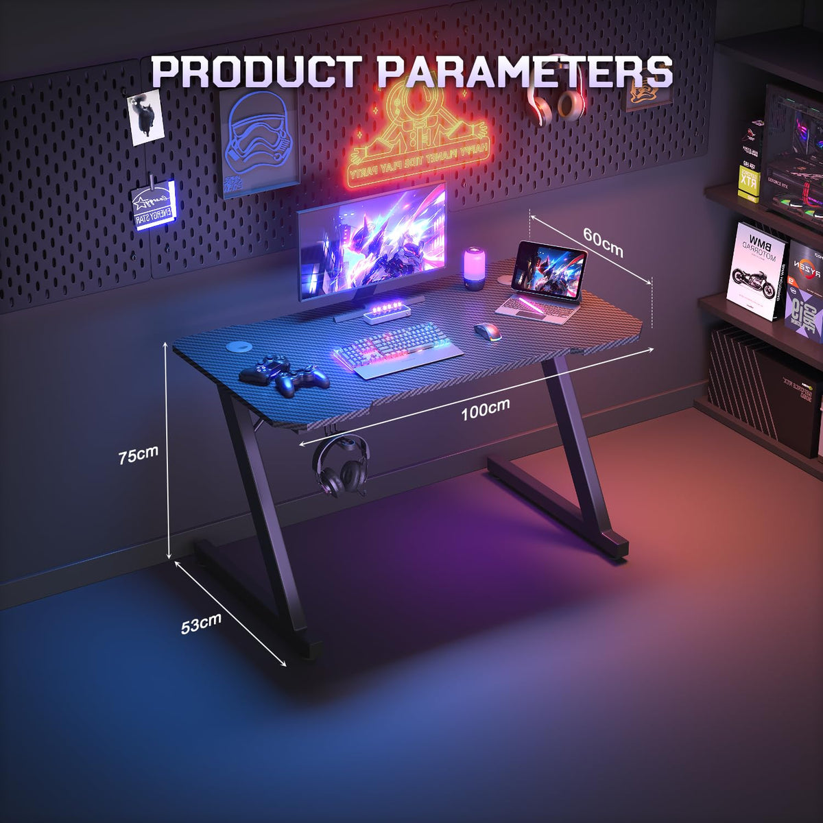 JUMMICO 100x50cm Gaming Desk, Carbon Fiber Surface, Headset Holder & 2 Cable Management Holes, Black Metal Frame Computer Table