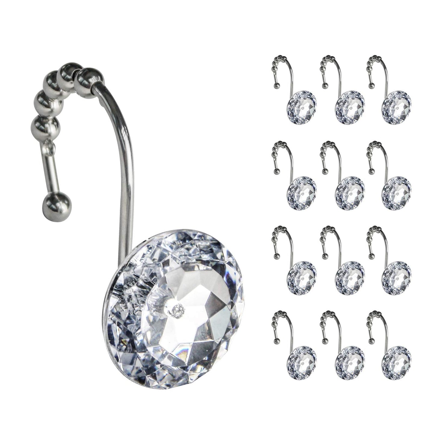 Sunlit Luxury Design Round Clear Diamond Crystal Gem Bling with Glide Balls Shower Curtain Hooks