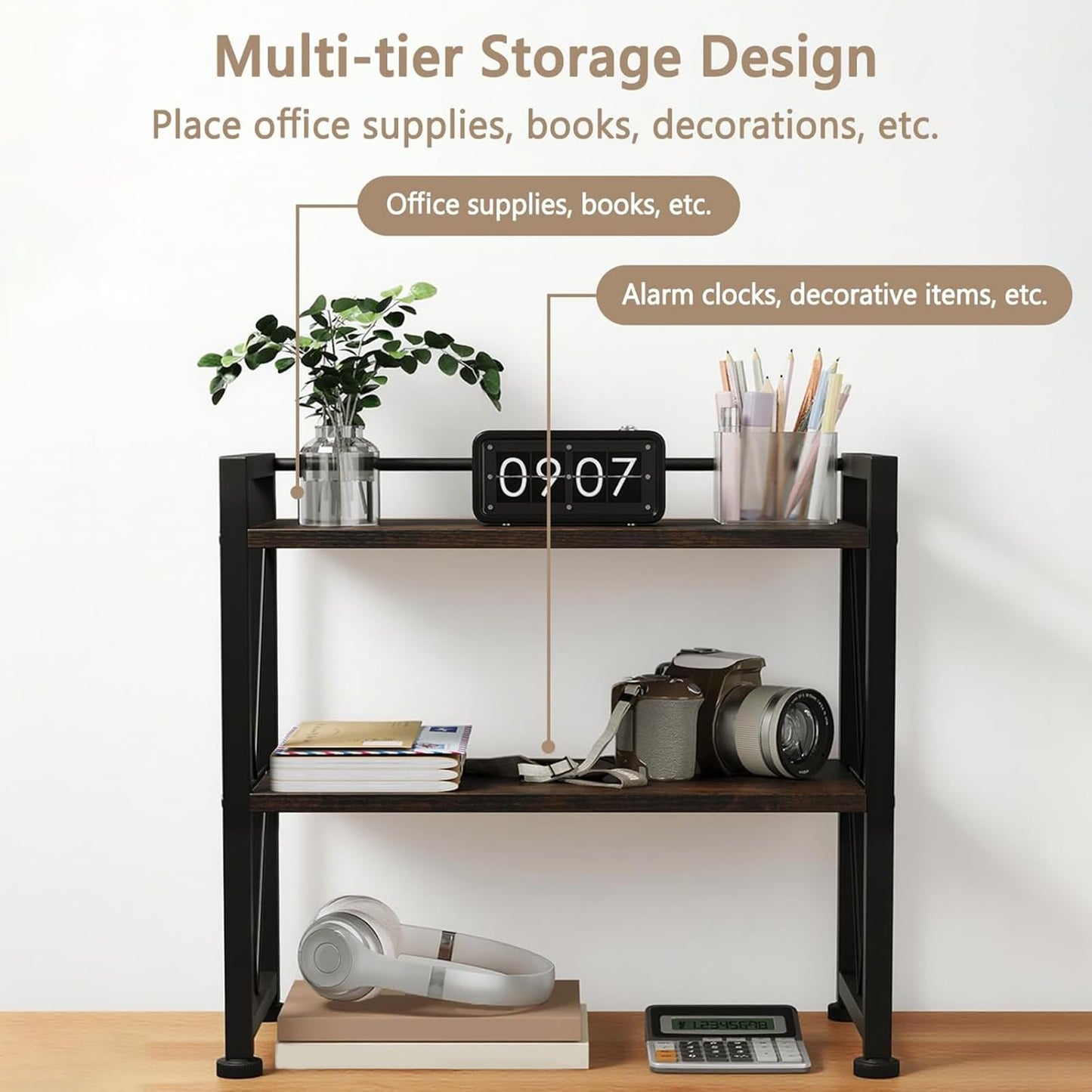 VSIWB Desk Shelf Organizer, 2 Tier Office Shelves, Wood Desk Storage Rack and Freestanding Display Shelf for Office, Dressing Table, Home 41x20x38cm
