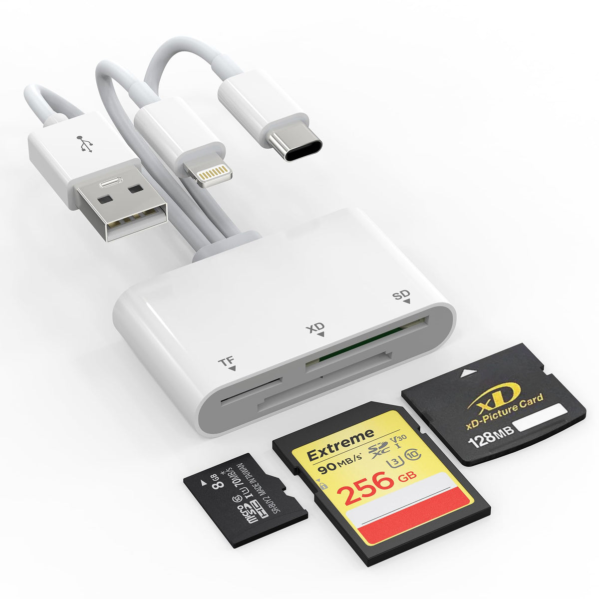 XD Card Reader, 3-in-1 SD/TF/XD Card Reader Adapter for iPhone/USB-C Device, iPhone 16/15/14/iPad/PC/Android