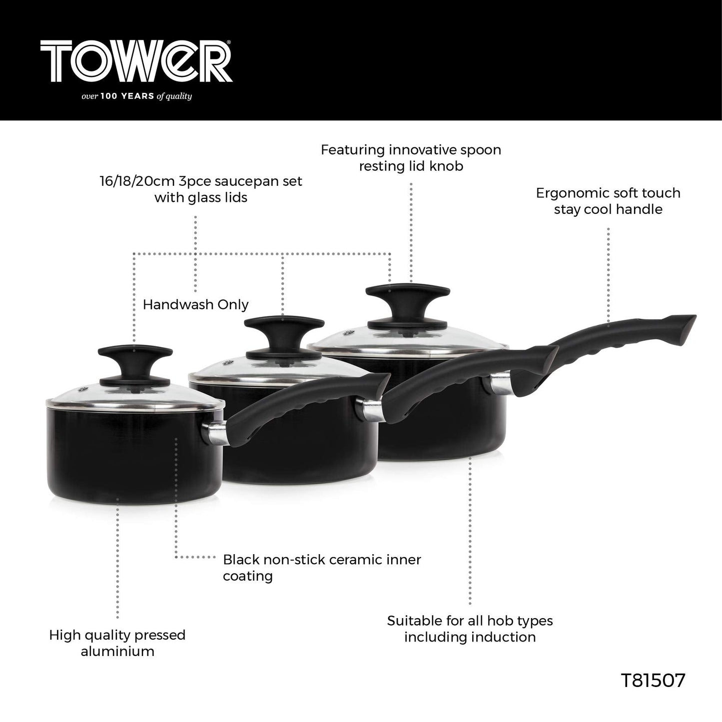 Tower T81507 Essentials Induction Pot Set, Non Stick Ceramic Coating, Easy to Clean, Dishwasher Safe, Black, 3 Piece, 16/18/20 cm