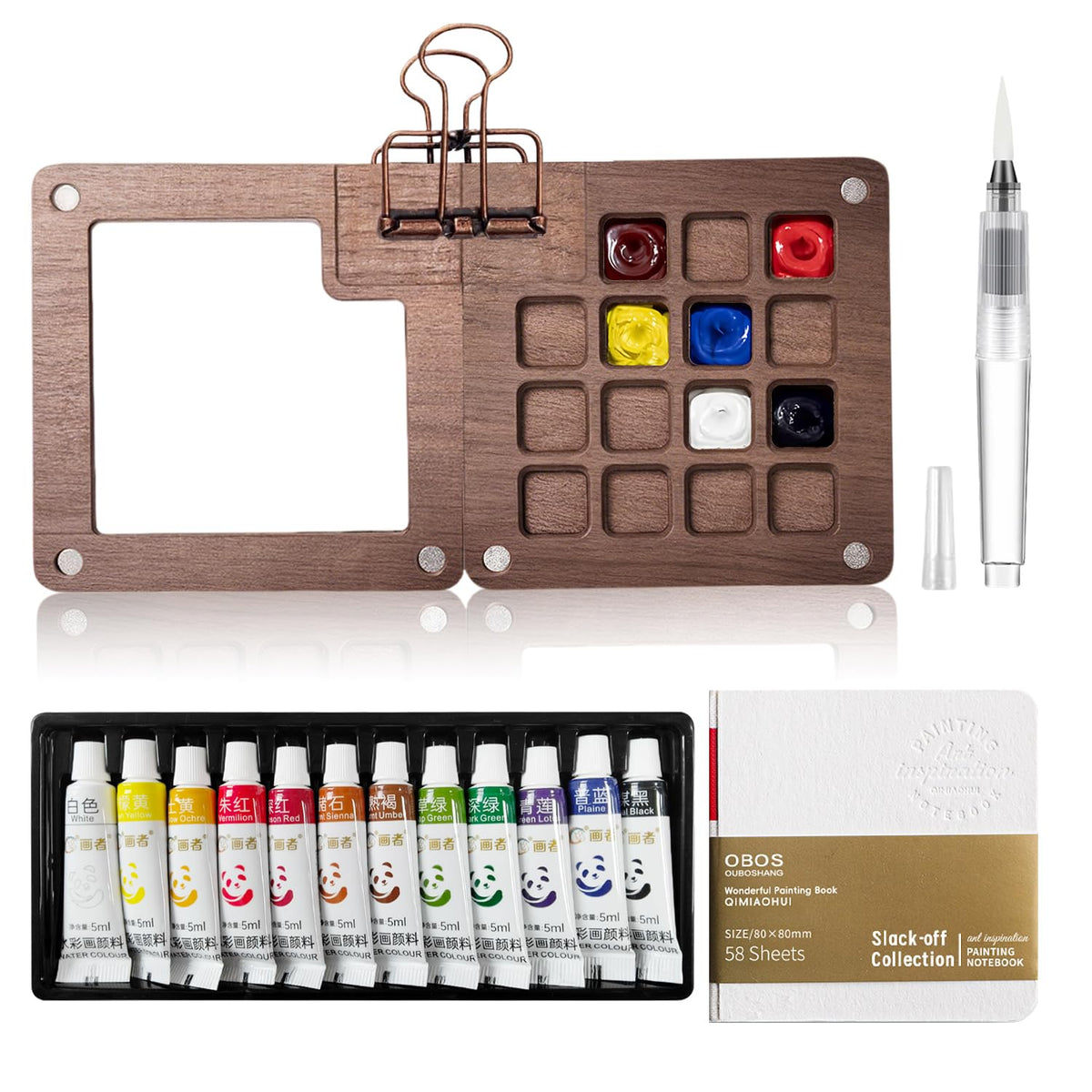 Tobios Mini Watercolour Kit Wooden Palette with 12 Miniature Water-colour Paints,Mini Watercolour Paint Set Travel Paint Set for Watercolour, Oil