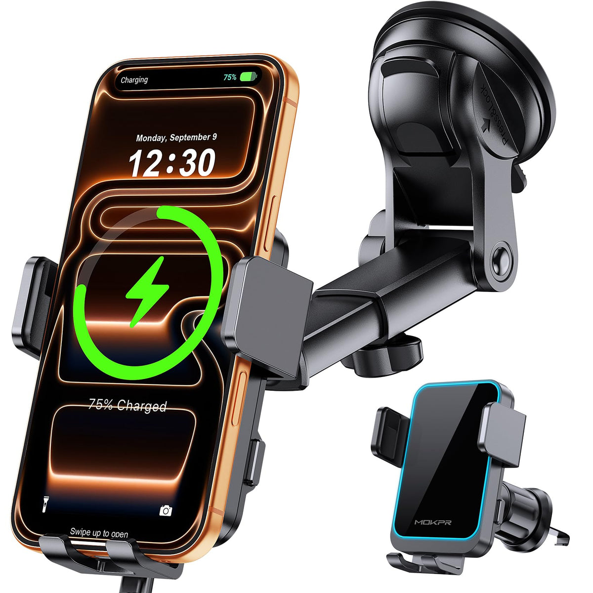 MOKPR Car Phone Holder Wireless Charger, 15W Phone Holder For Car With Charger[Auto Clamping] Dashboard Windshield Air Vent for iPhone