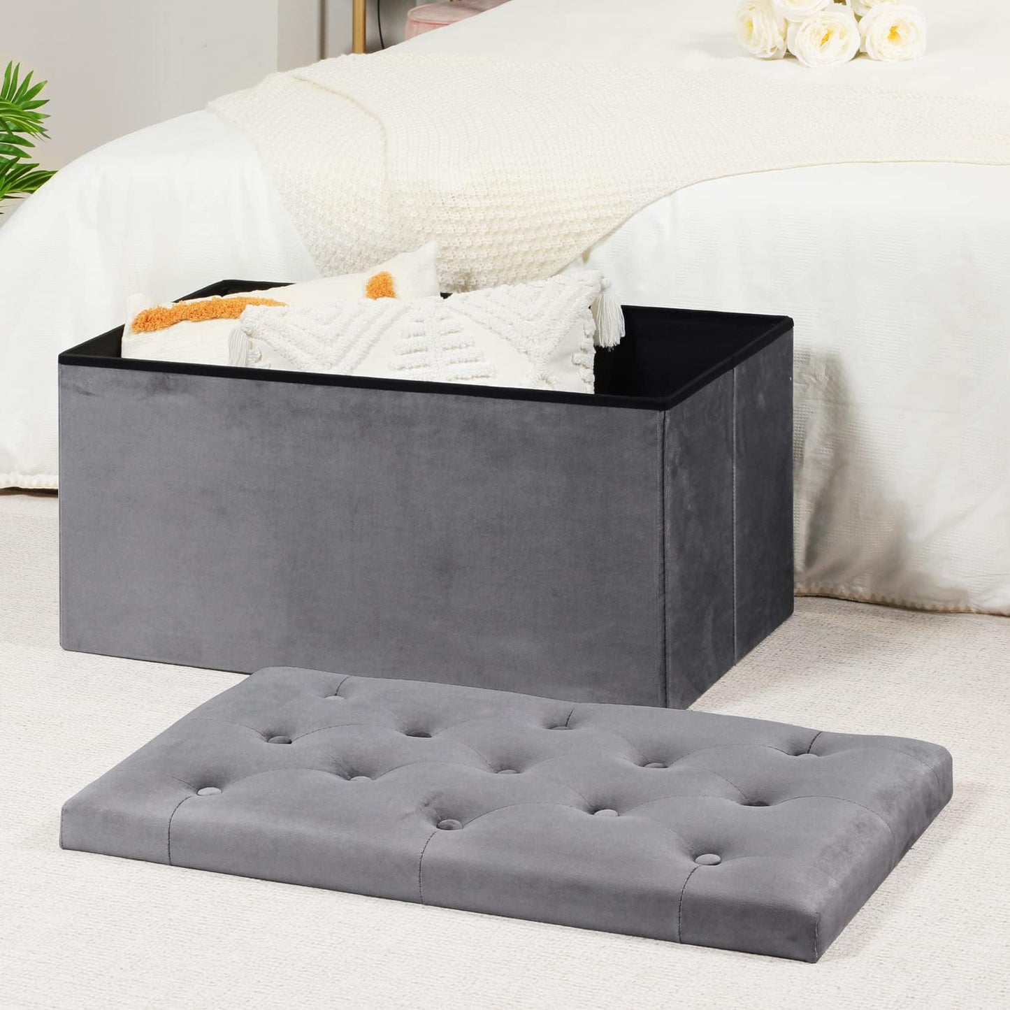 Bonlife Folding Velvet Ottoman Storage Bench,Long Shoes Bench,Footrest Stool Seat,Toy Chest Storage Box with Lid,Footstool for Living Room,80x40x40cm