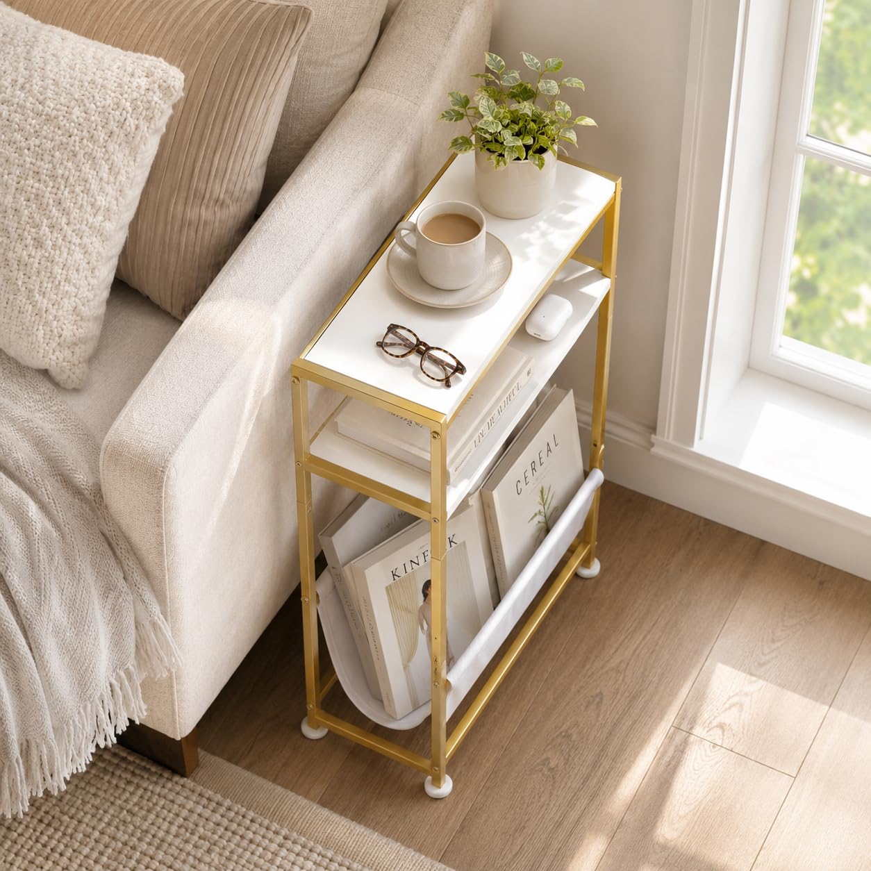 ZEXVIDA Small End Table for Small Spaces - Slim Side Table with Magazine Holder,2 in 1 Design Narrow End Table Living Room,Skinny Bedroom Nightstand