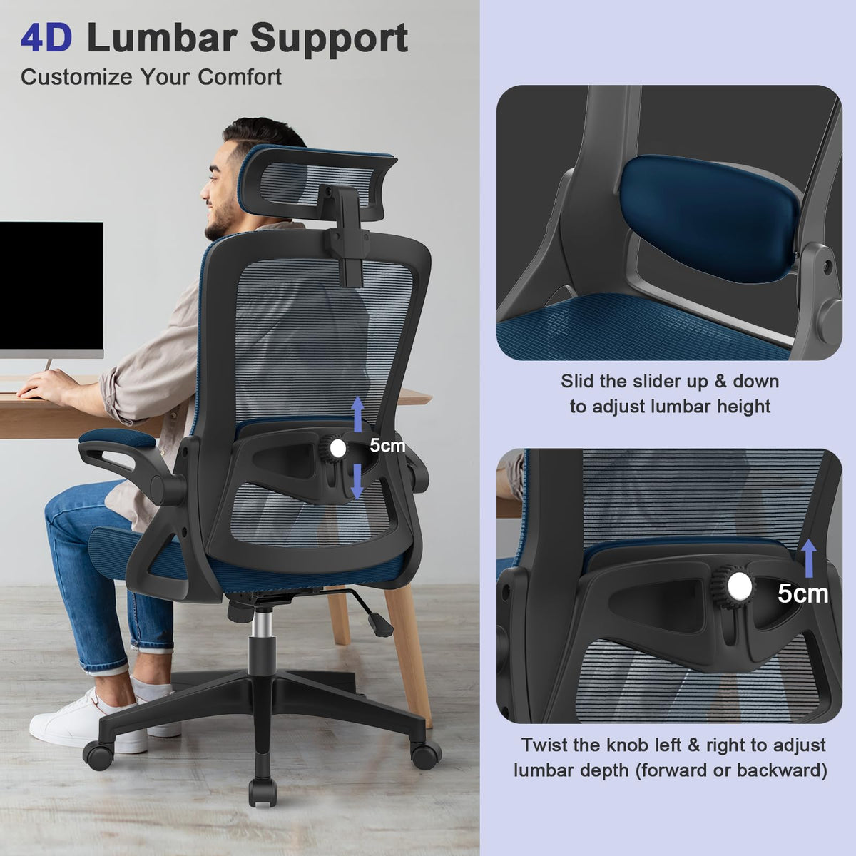 YONISEE Office Chair Ergonomic Office Chair with Lumbar Support, Adjustable Armrests and Headrests, Mesh Chair High Back Comfortable for Home Office