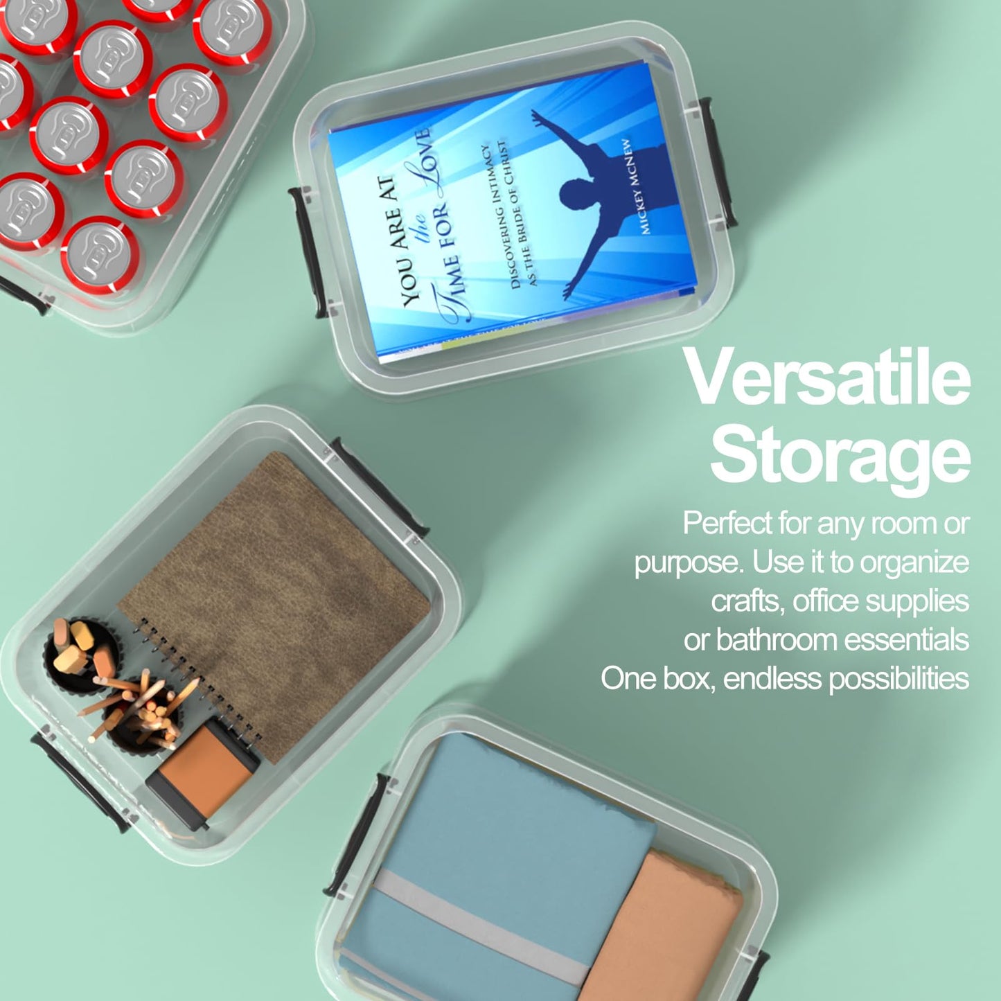Waikhomes 6 x 8 Litre Clear Plastic Storage Box with Lids, Home Office Kitchen Stackable Nestable Transparent Plastic Boxes