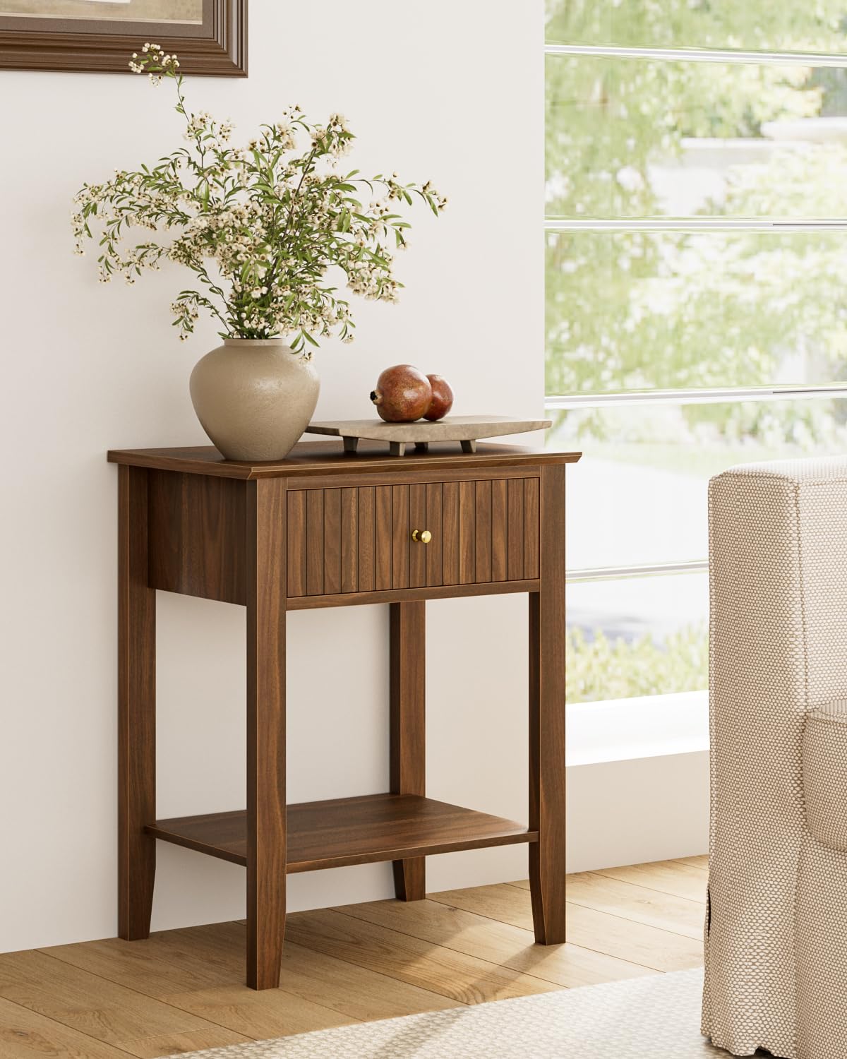 HEYZOEY Bedside Table Chest of 1 Drawer, Bedside Cabinet Wooden Nightstand, Modern Side Table for Living Room,Bedroom,Office,Château Walnut