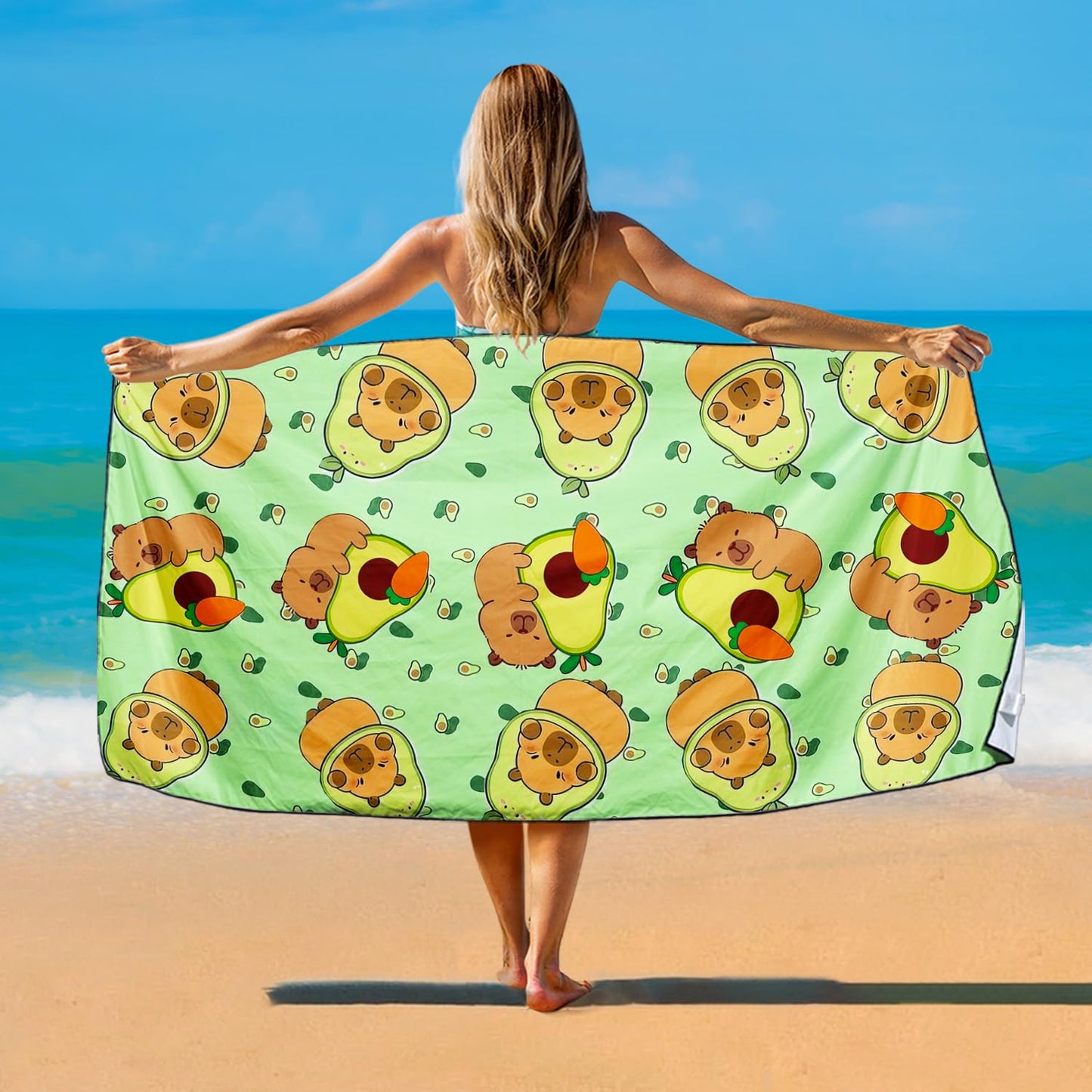 Violetpos Capybara & Avocado Beach Towel, Extra Large 180x90 cm 250GSM Microfibre, Sand Free Quick Dry