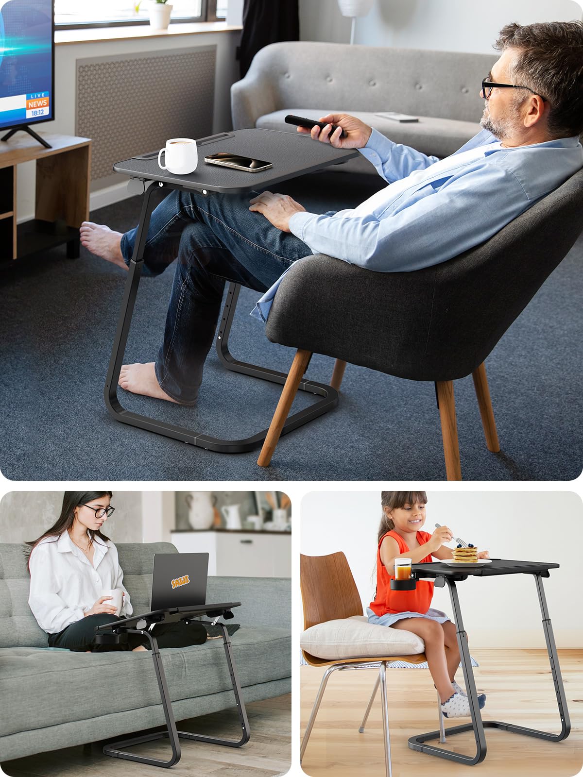 Table For Sofa, SAIJI Overbed Table, beside table adjustable table, Sturdier U-shaped legs, TV Tray, Adjustable Height and Angle, with Tablet Slot,