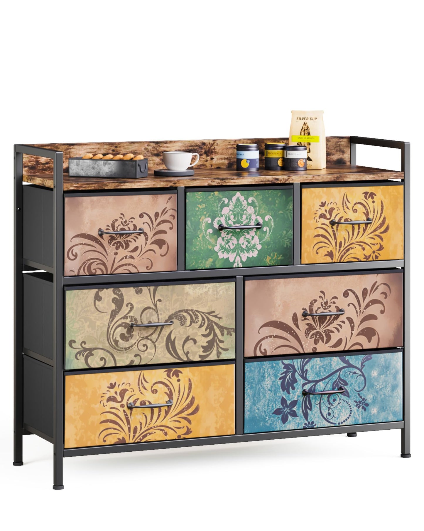 Mondeer Chest of Drawers, 7 Fabric Drawers Dresser Cabinet with Retro Floral Prints and Vintage Handle, for Bedroom Living Room Entryway, Rustic Brown